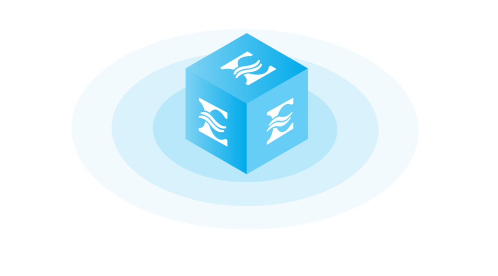 blue cube with Evolve "E" logo