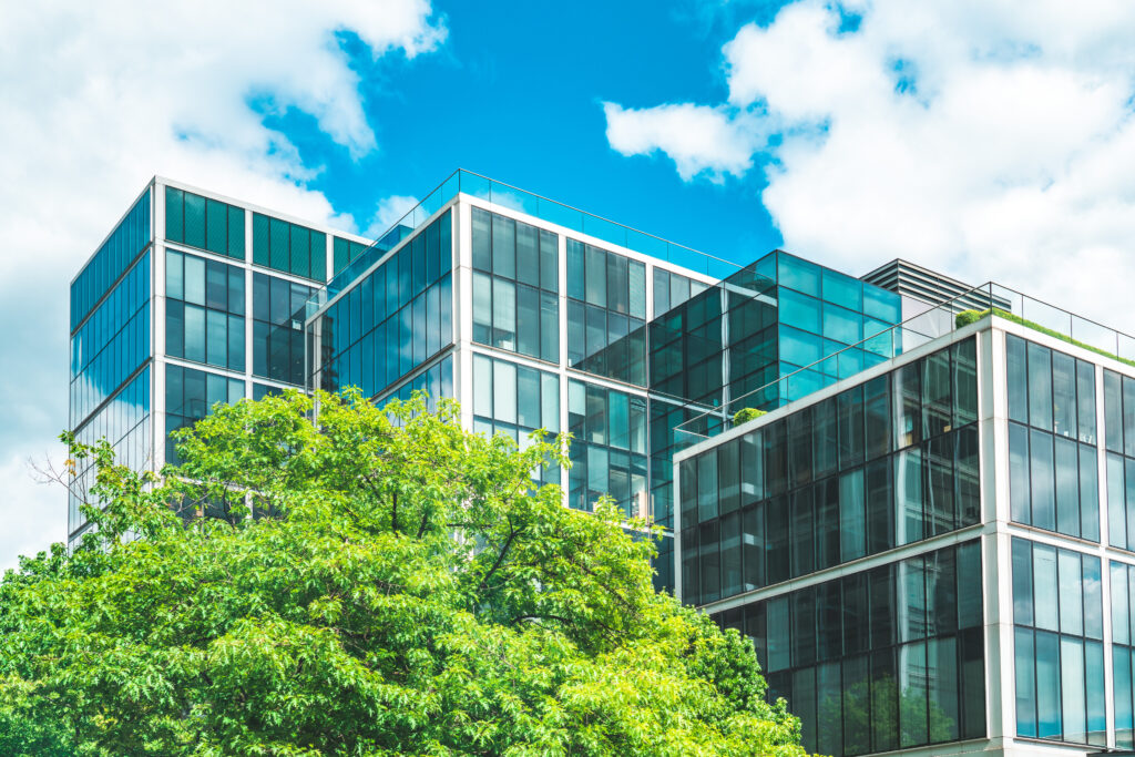 Business towers and Green leaves in London