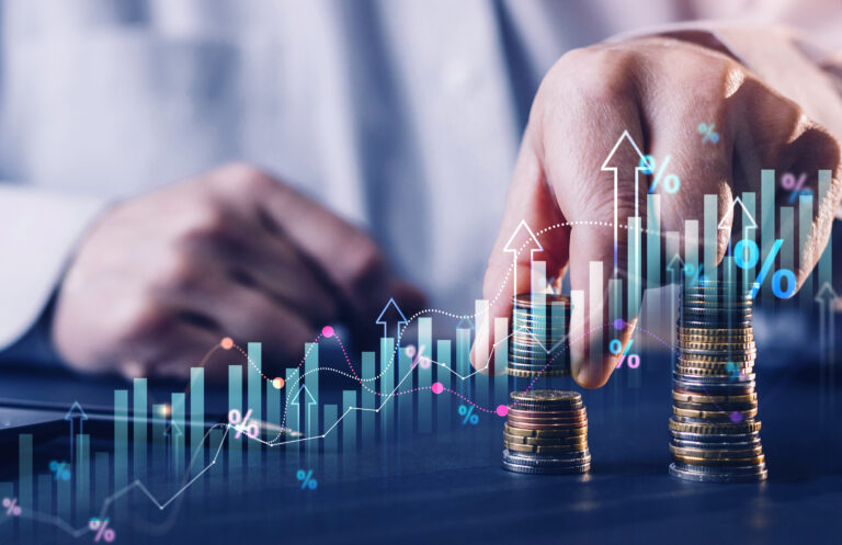 Percentage symbol and interest rates continue to increase, stocks and mutual funds, investment for retirement.Interest rate and dividend.